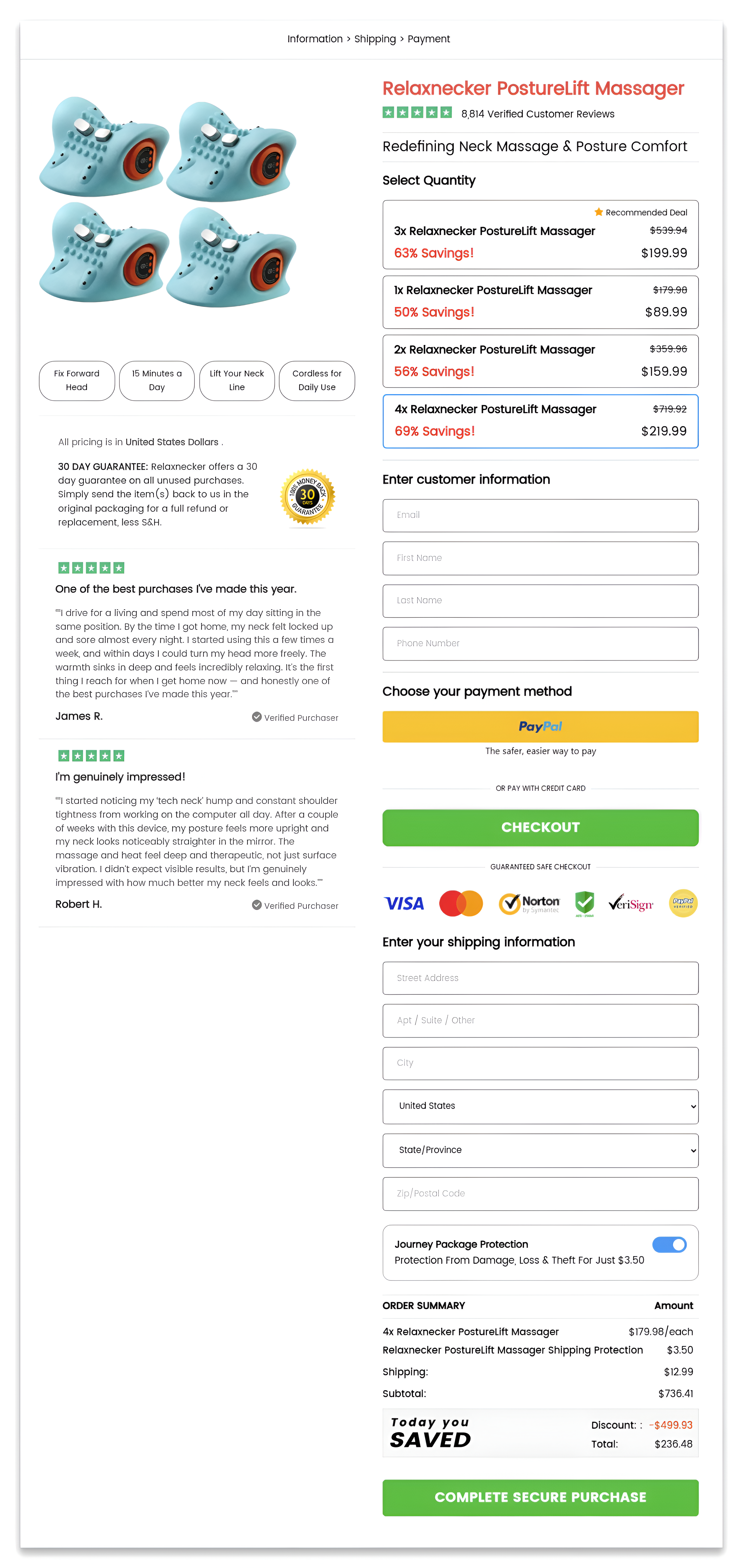 Relaxnecker PostureLift Massager checkout page.